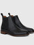 Victorian Chelsea Boot noire, paire vue de trois quarts avec panneaux élastiques et languettes arrière.